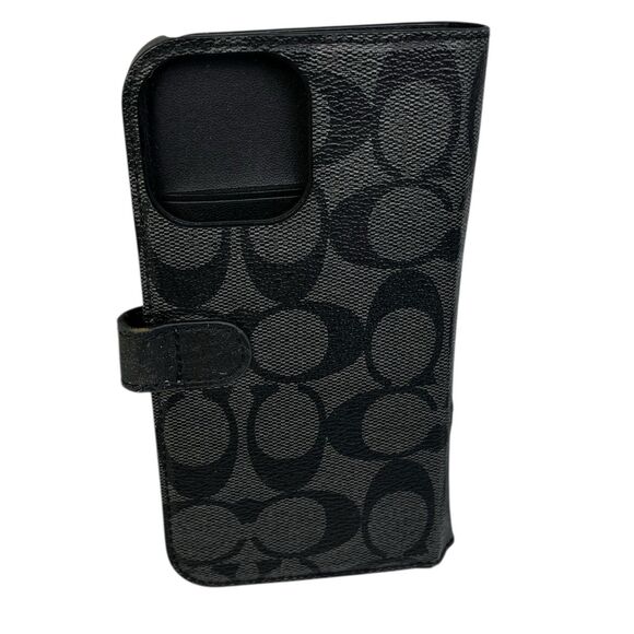 COACH Leather iPhone 15 Pro Folio Smartphone Slim Wrap Case Black Gray - Picture 2 of 8